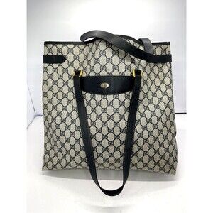 Authentic Vintage Gucci GG Supreme Logo Gray Tote bag Purse Blue leather trim